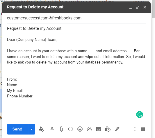 write email and reason to delete your account
